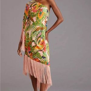 Farm Rio one shoulder asymmetric hemline fringe midi dress